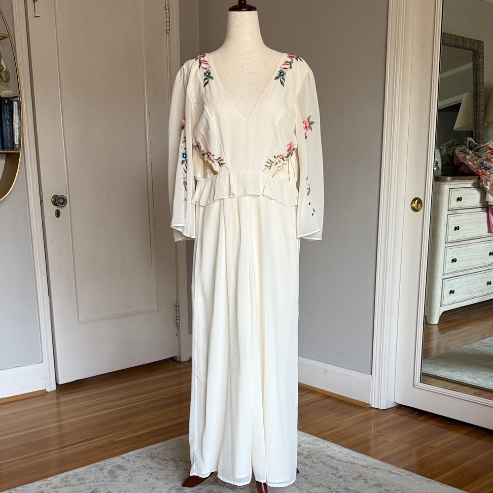 ASOS Elegant V-Neck Ruffled Jumpsuit with Floral Embroidery in White